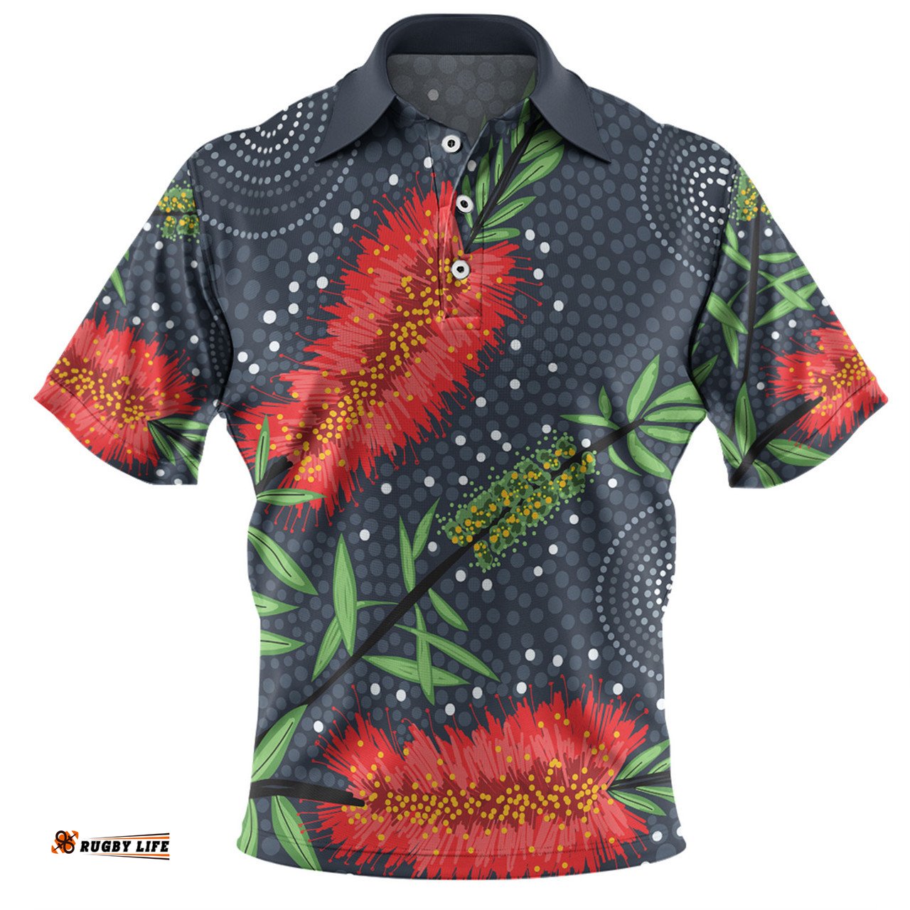 Amazing Aussie Australia Flowers Aboriginal Red Bottle Brush Tree Depicted In Aboriginal Style Polo Shirt