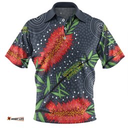 Amazing Aussie Australia Flowers Aboriginal Red Bottle Brush Tree Depicted In Aboriginal Style Polo Shirt