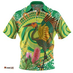 Amazing Aussie Australia Aboriginal Brolga Bird Dancing With Australia Native Flowers V2 Polo Shirt
