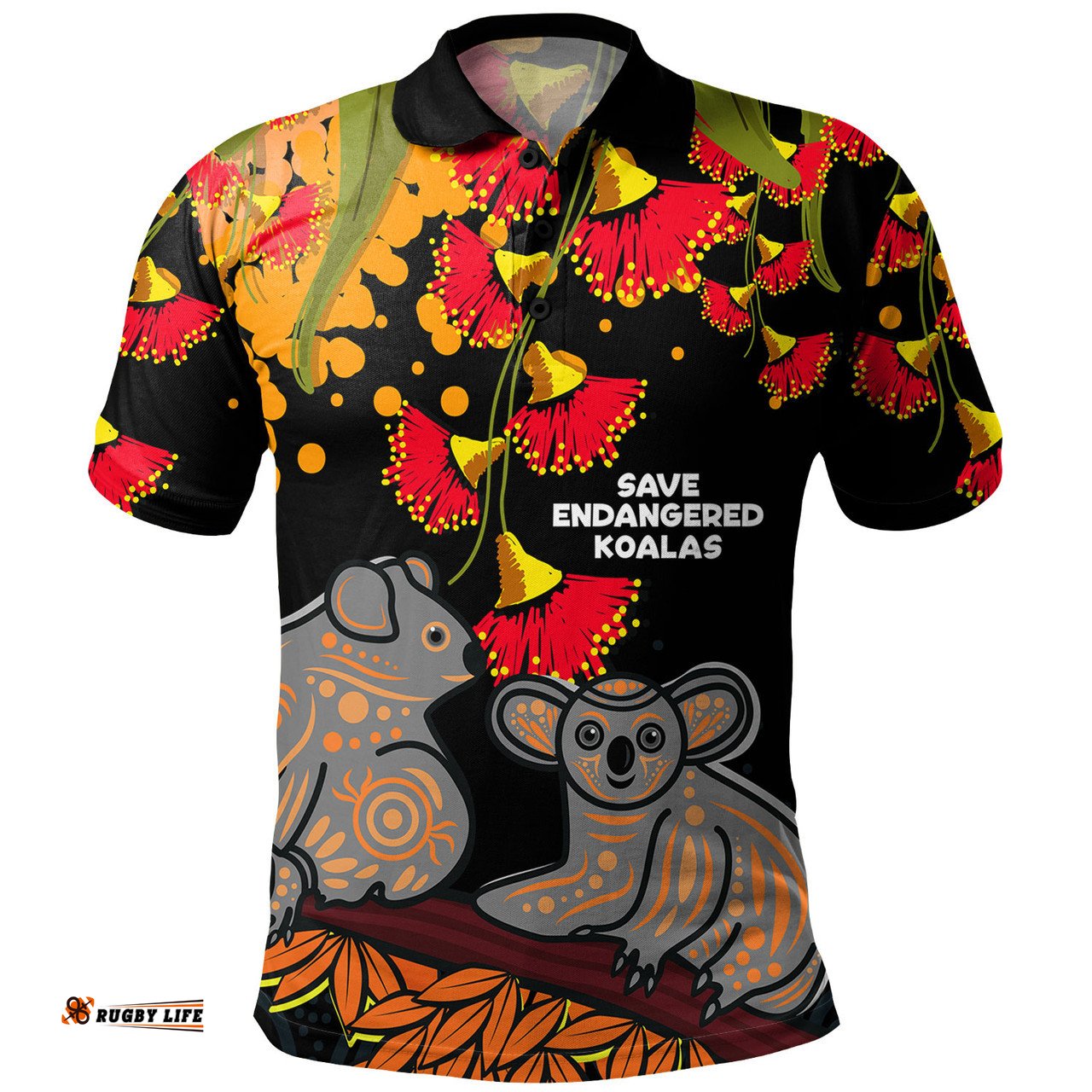 Amazing Aussie Australia Aboriginal Save Endangered Koalas Red Bottle Brush Flower Polo Shirt