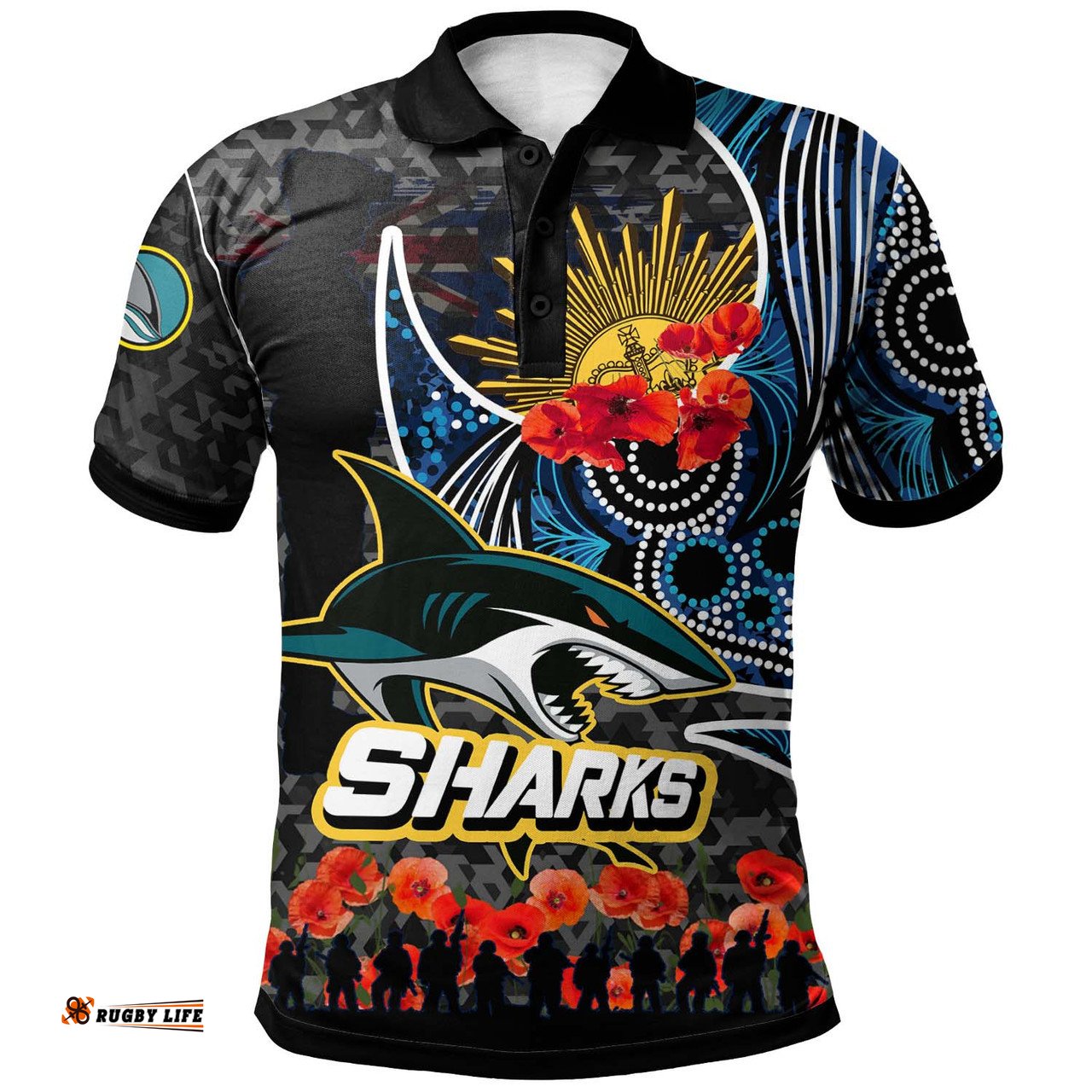 Amazing Aussie Cronulla Sutherland Sharks Cronulla Sutherland Sharks Anzac Day with Poppy Flower Aboriginal Inspired Polo Shirt