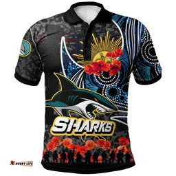 Amazing Aussie Cronulla Sutherland Sharks Cronulla Sutherland Sharks Anzac Day with Poppy Flower Aboriginal Inspired Polo Shirt