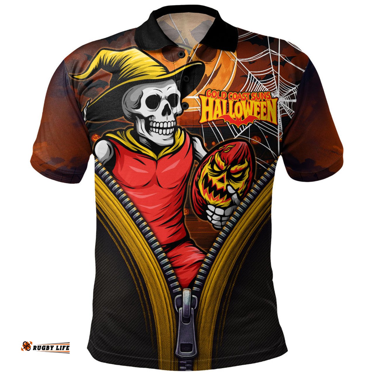 Amazing Aussie Gold Coast SUNS Halloween Night Reaper Zipper Polo Shirt