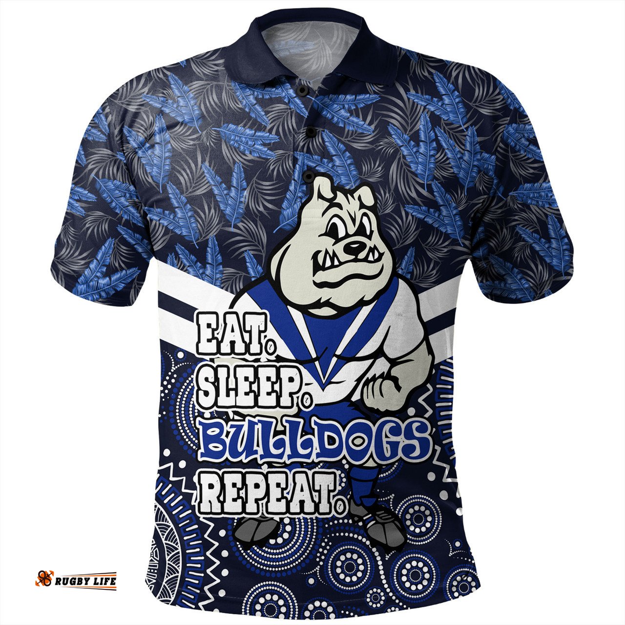Amazing Aussie Canterbury Bankstown Bulldogs Tropical Patterns And Dot Painting Eat Sleep Rugby Repeat Polo Shirt