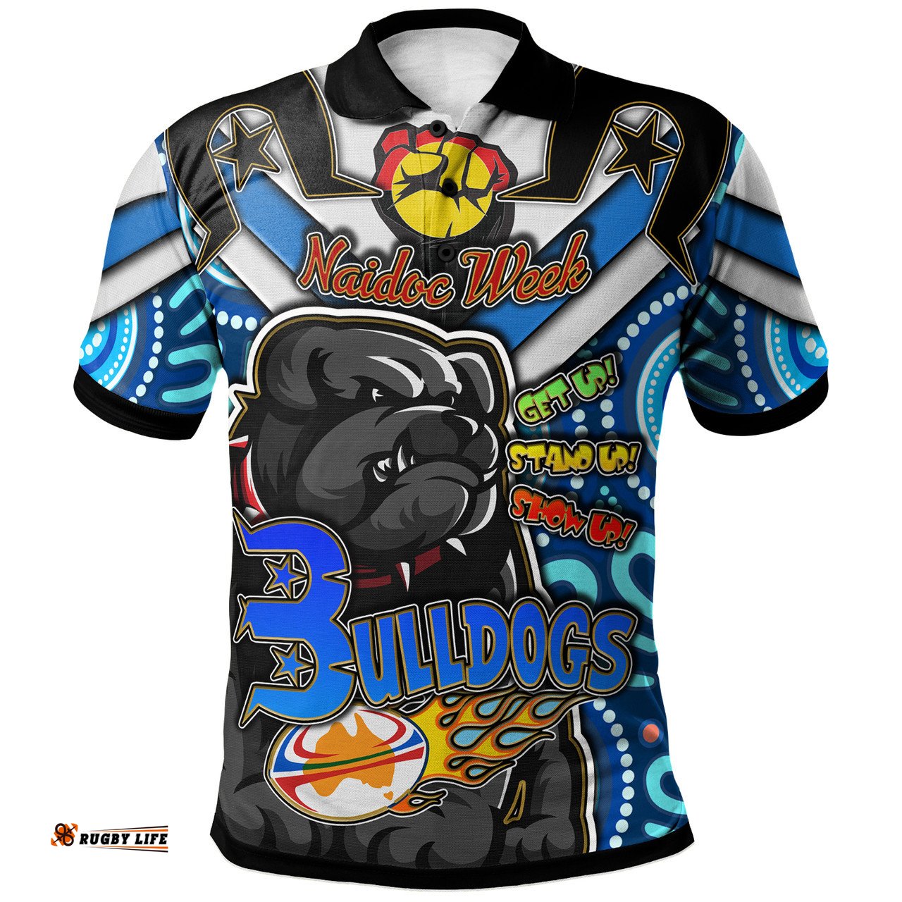 Amazing Aussie Canterbury Bankstown Bulldogs Custom Naidoc Week "Get up! Stand up! Show up!" Canterbury Bankstown Bulldogs And Ball Aboriginal Inspired Patterns Polo Shirt