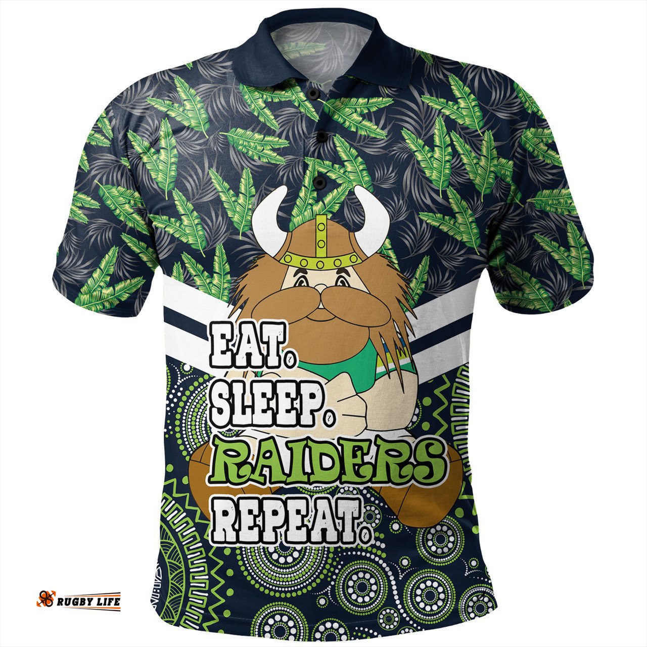 Amazing Aussie Canberra Raiders Tropical Patterns And Dot Painting Eat Sleep Rugby Repeat Polo Shirt