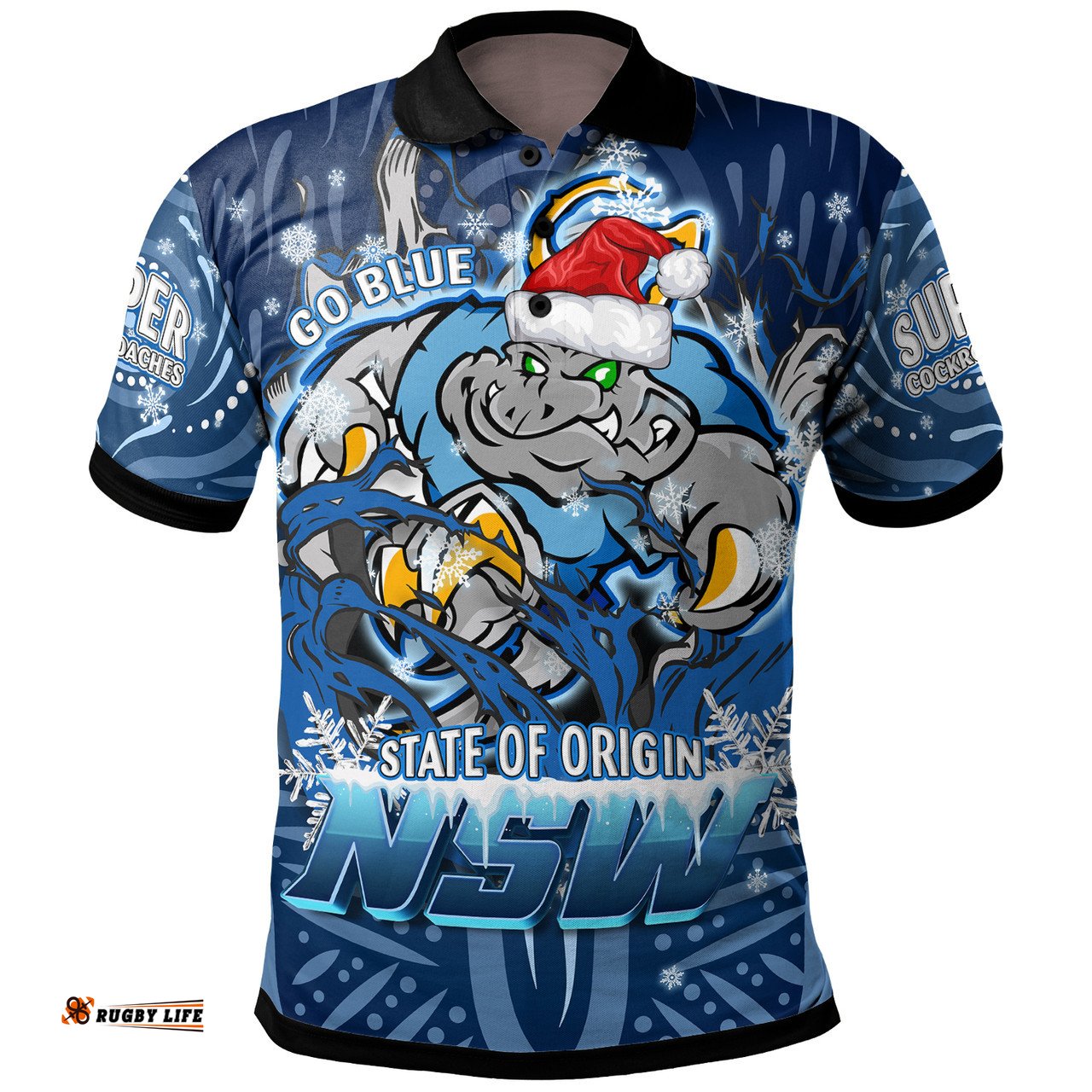 Amazing Aussie Cockroaches Christmas Custom NSW Blues Cockroaches Mascot With Aboriginal Inspired Christmas Polo Shirt