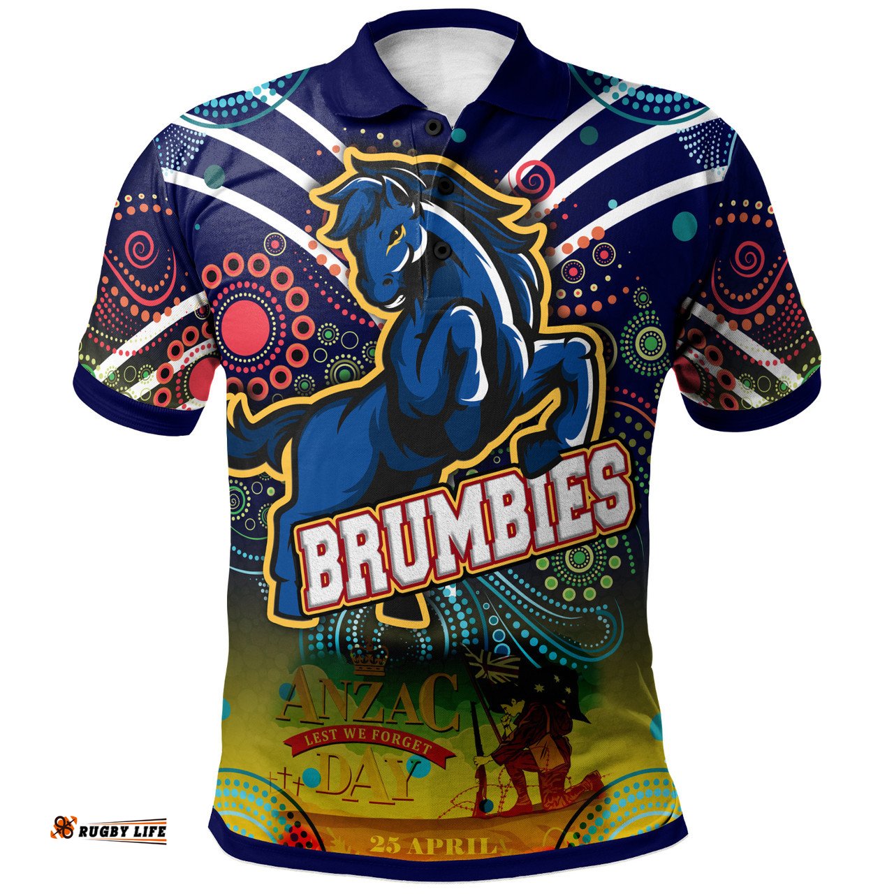 Amazing Aussie Brumbies Rugby Anzac Day "Lest We Forget" Brumbies Aboriginal Inspired Pattern With Horse Polo Shirt