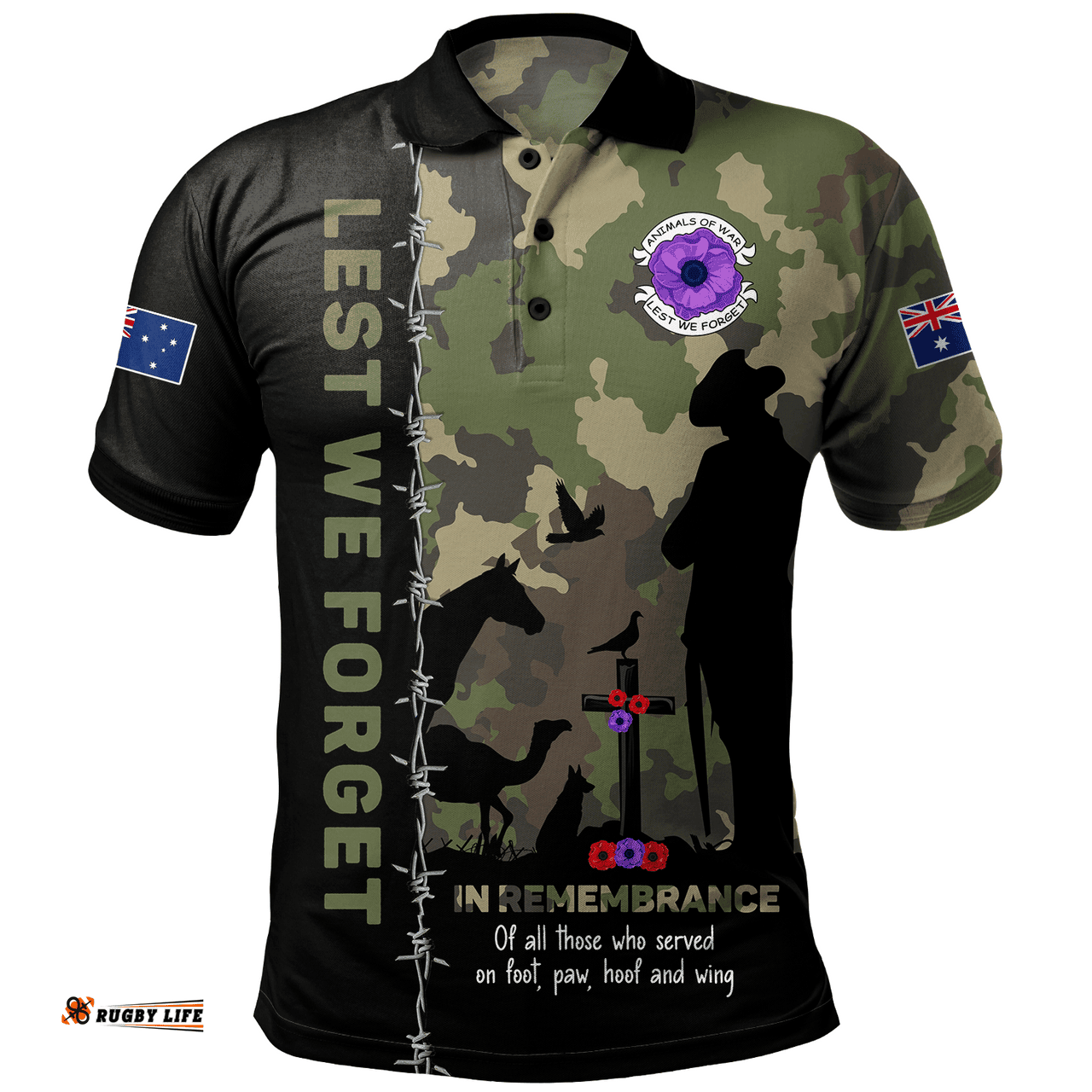 Amazing Aussie (Custom) Australia Anzac Day Lest We Forget The Animals Of War Camouflage Style Polo Shirt
