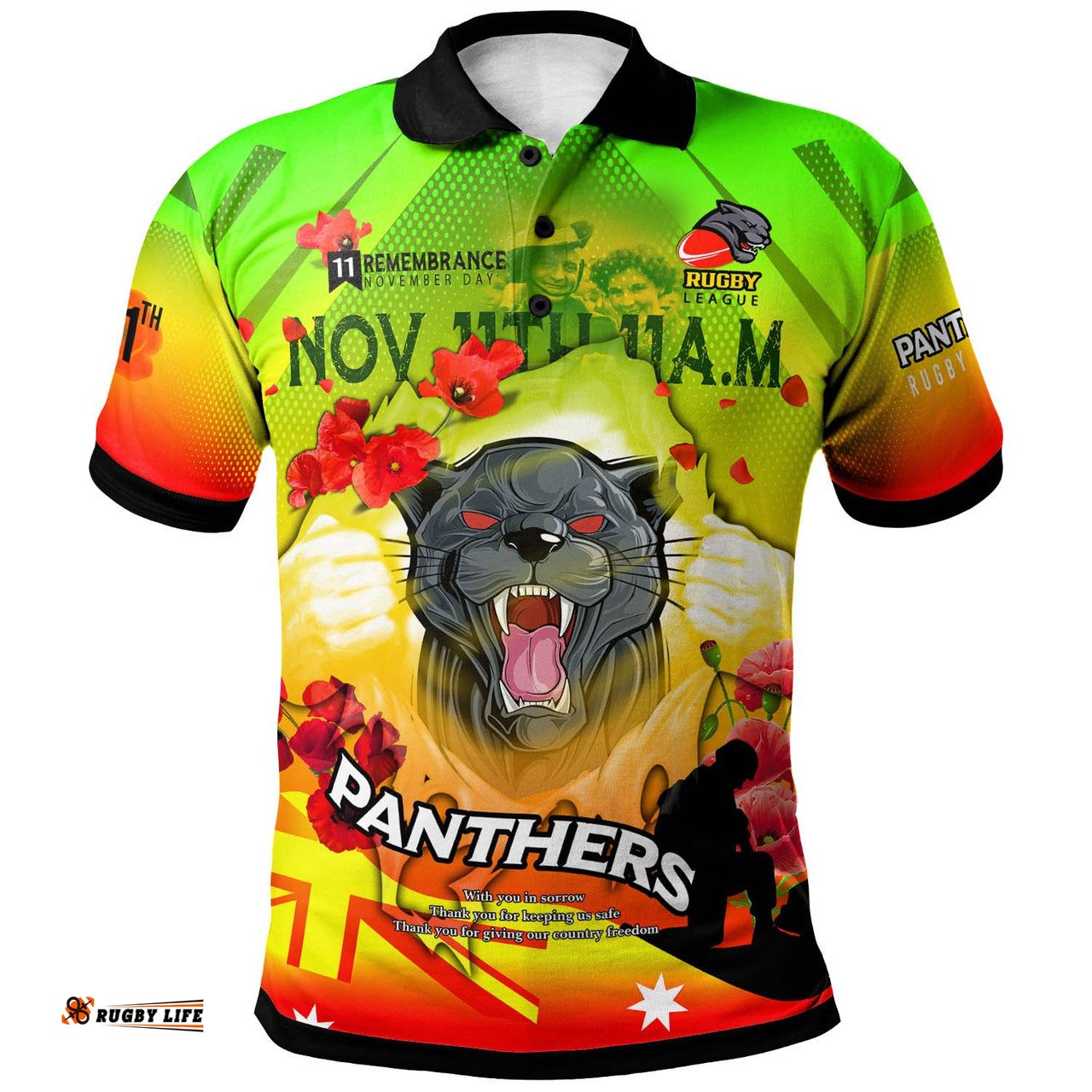 Amazing Aussie Penrith Panthers Custom Penrith Panthers Remembrance Day Lest We Forget Poppies Polo Shirt