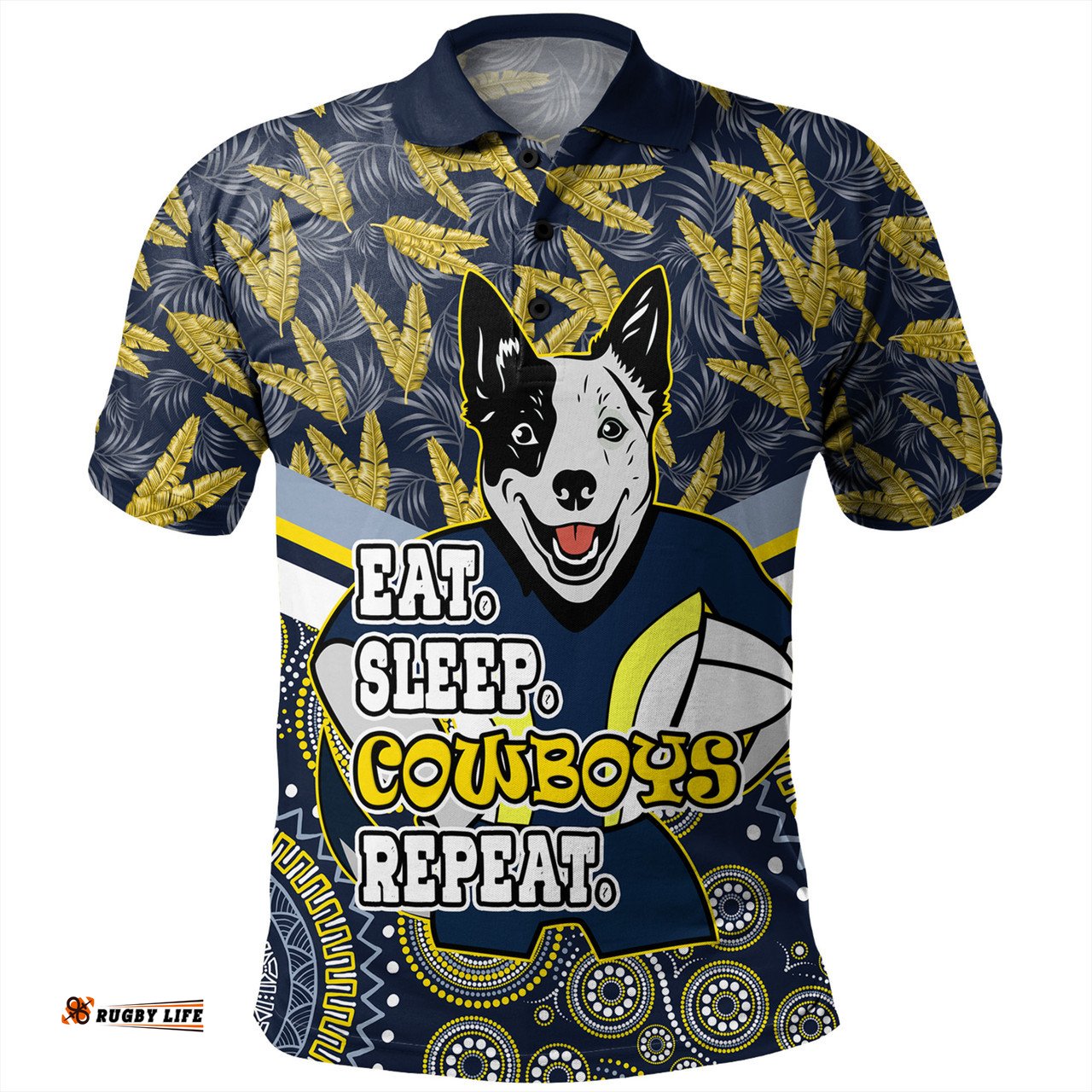 Amazing Aussie North Queensland Cowboys Tropical Patterns And Dot Painting Eat Sleep Rugby Repeat Polo Shirt