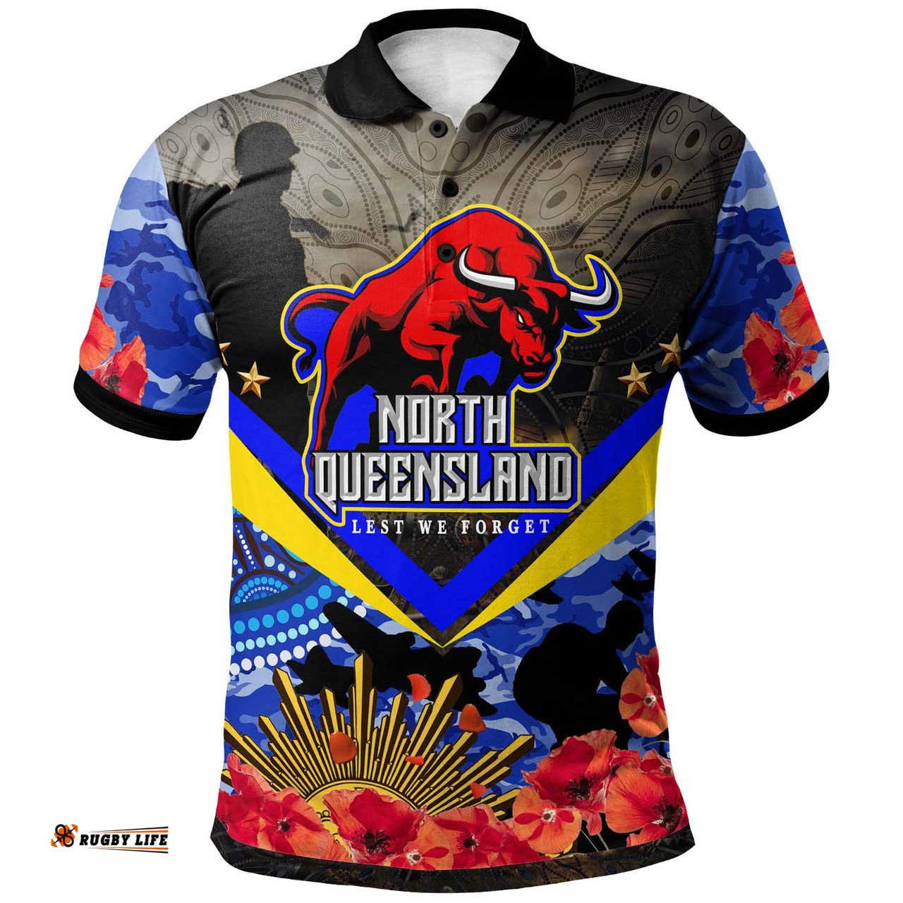 Amazing Aussie North Queensland Cowboys Custom Aboriginal Inspired Anzac Day North Queensland Cowboys with Poppy Flower Indigenous Polo Shirt