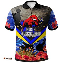Amazing Aussie North Queensland Cowboys Custom Aboriginal Inspired Anzac Day North Queensland Cowboys with Poppy Flower Indigenous Polo Shirt