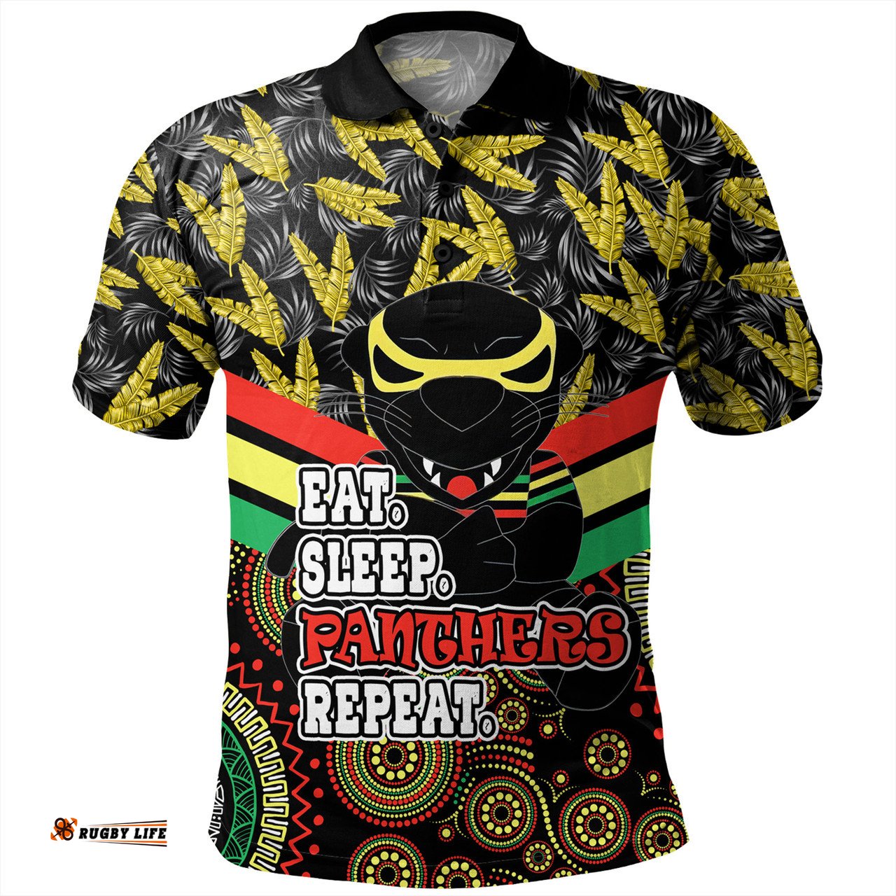 Amazing Aussie Penrith Panthers Tropical Patterns And Dot Painting Eat Sleep Rugby Repeat Polo Shirt