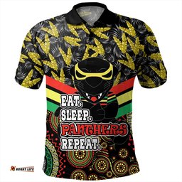 Amazing Aussie Penrith Panthers Tropical Patterns And Dot Painting Eat Sleep Rugby Repeat Polo Shirt