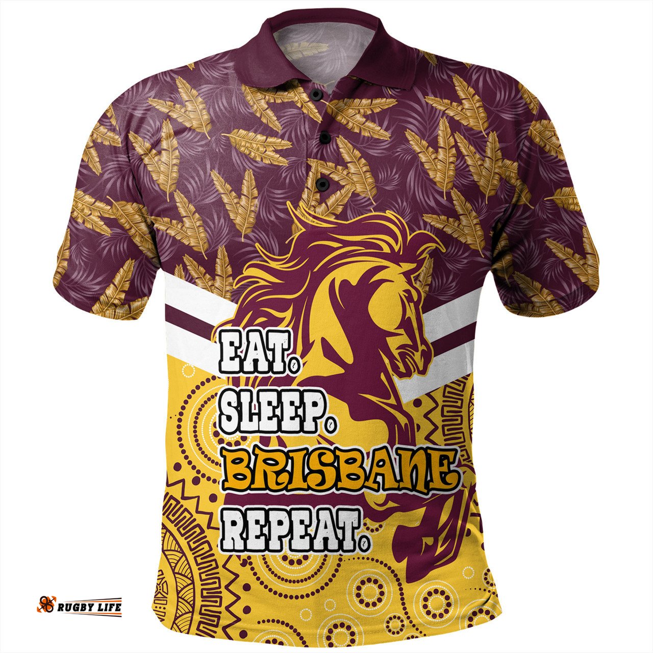 Amazing Aussie Brisbane Broncos Tropical Patterns And Dot Painting Eat Sleep Rugby Repeat Polo Shirt