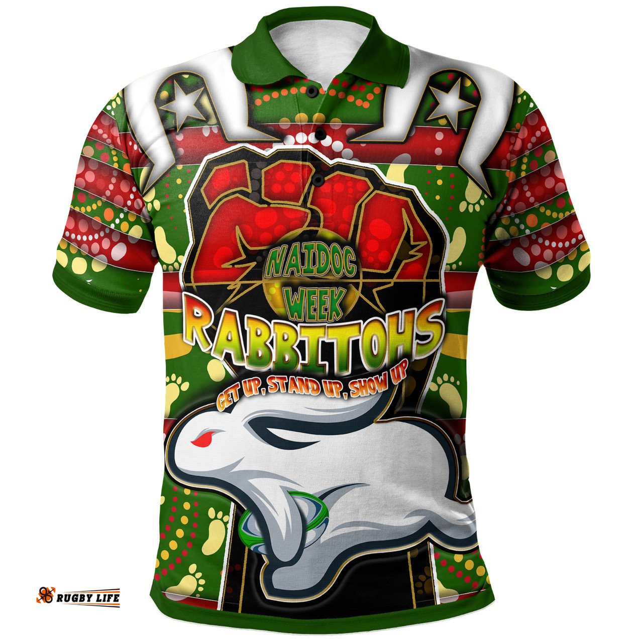 Amazing Aussie South Sydney Rabbitohs South Sydney Rabbitohs Ball Naidoc Week ''Get up, Stand Up, Show Up'' Aboriginal Inspired Dot Painting Style Polo Shirt
