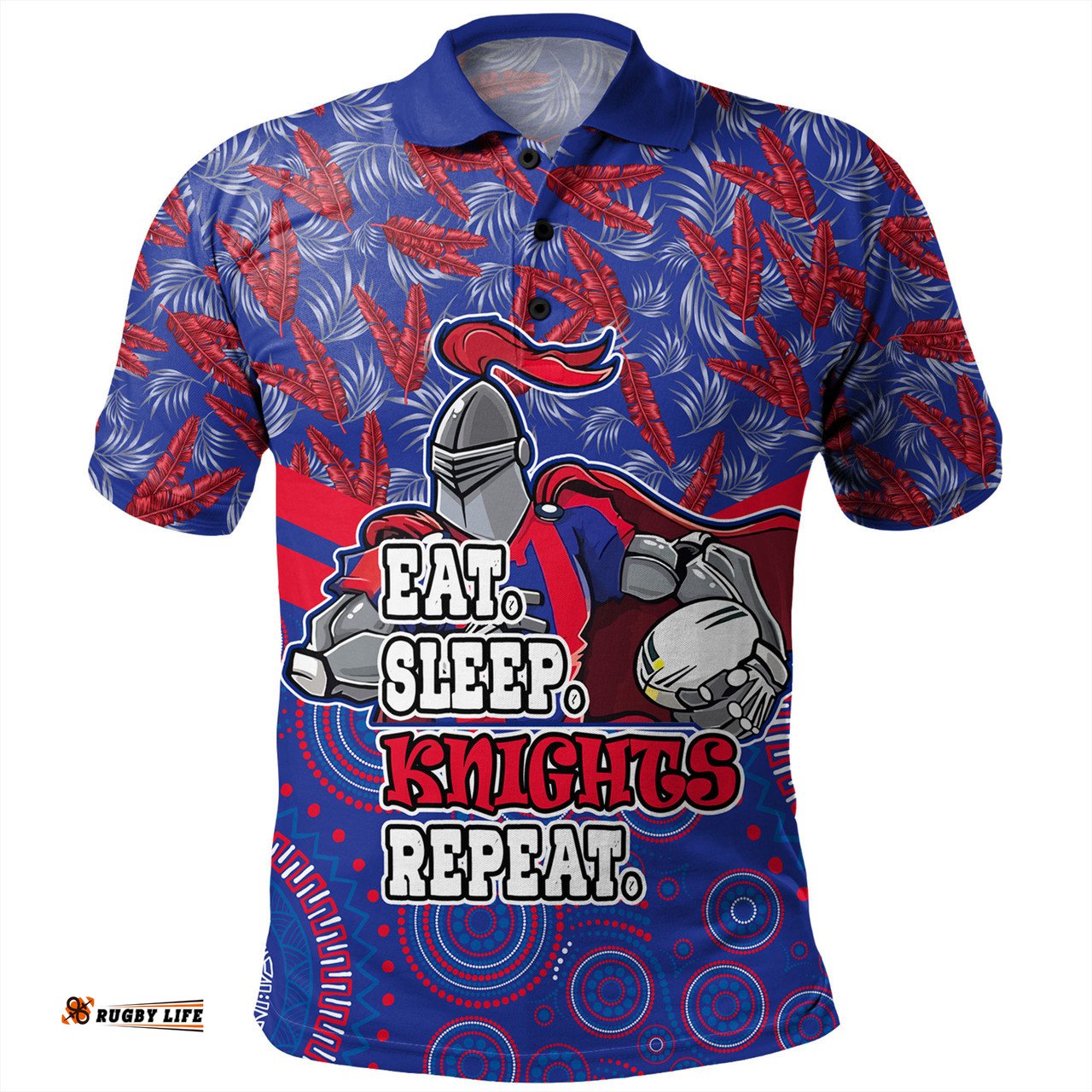 Amazing Aussie Newcastle Knights Sport Tropical Patterns And Dot Painting Eat Sleep Rugby Repeat Polo Shirt
