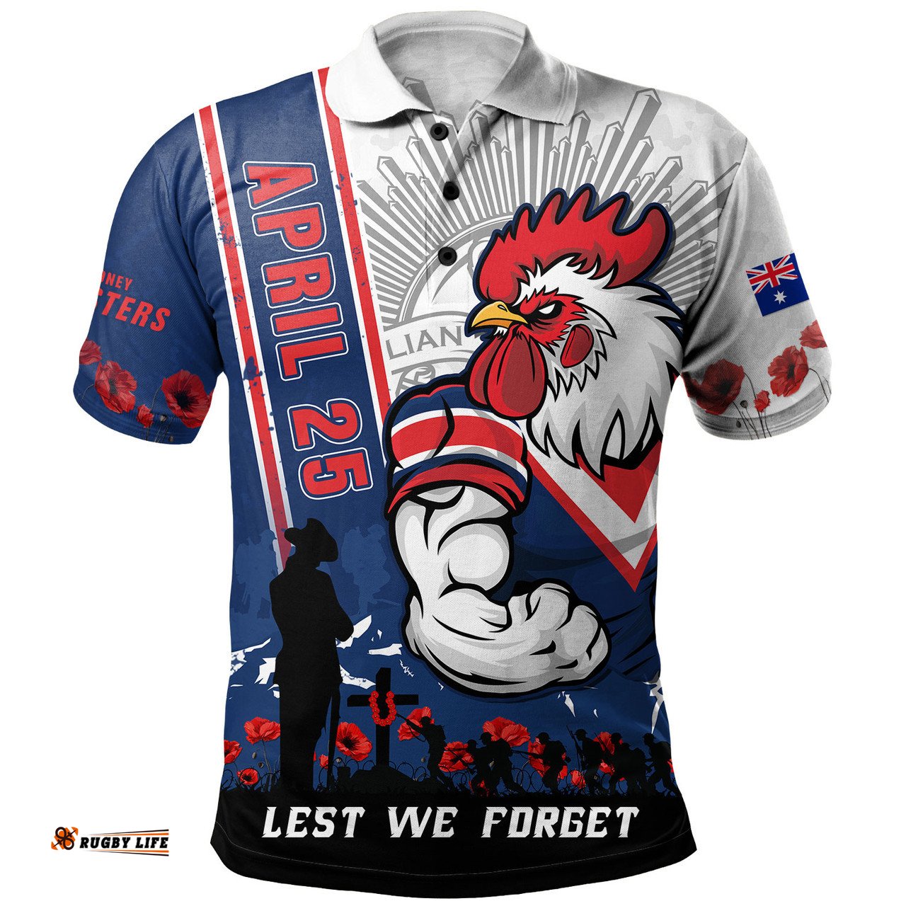 Amazing Aussie Sydney Roosters Anzac Day Lest We Forget Strong Fighting Spirit Polo Shirt