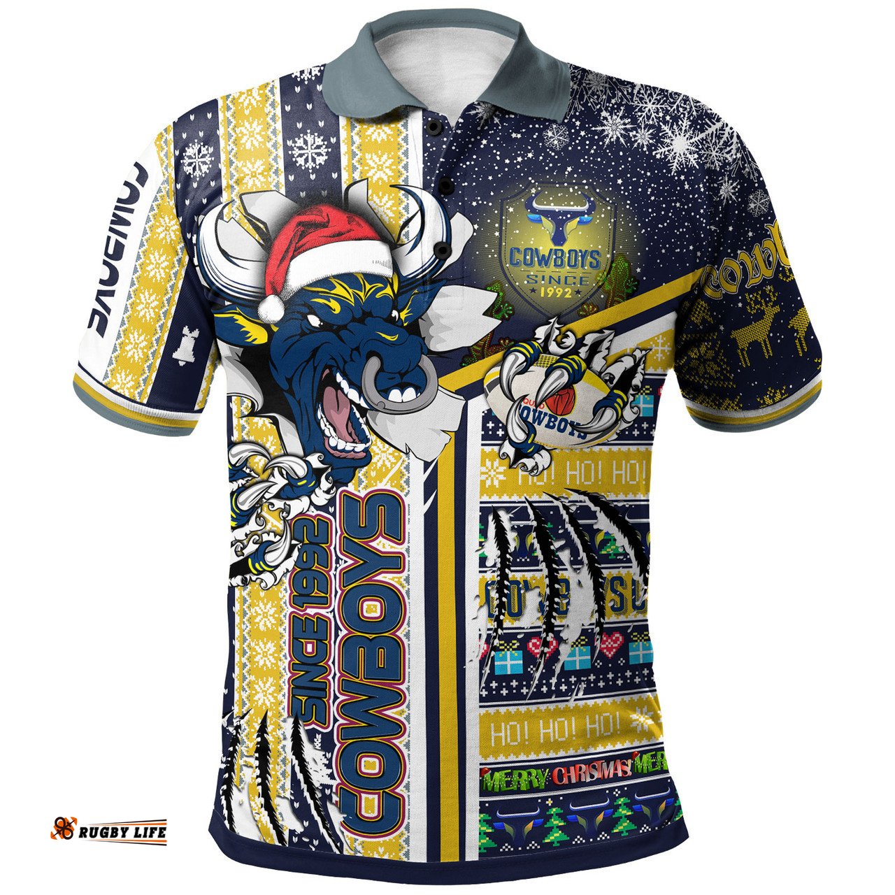 Amazing Aussie North Queensland Cowboys Christmas Custom Merry "Super North Queensland Cowboys" Christmas Scratch Ho Ho Ho Polo Shirt