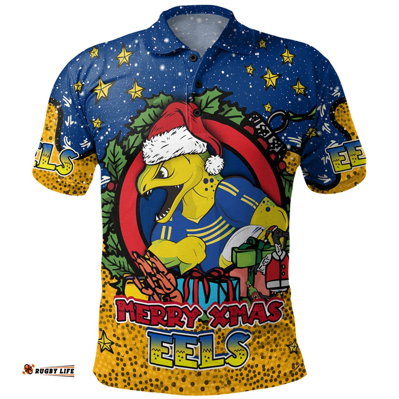 Amazing Aussie Parramatta Eels Christmas Custom Merry Christmas Our Beloved Team With Aboriginal Dot Art Pattern Polo Shirt