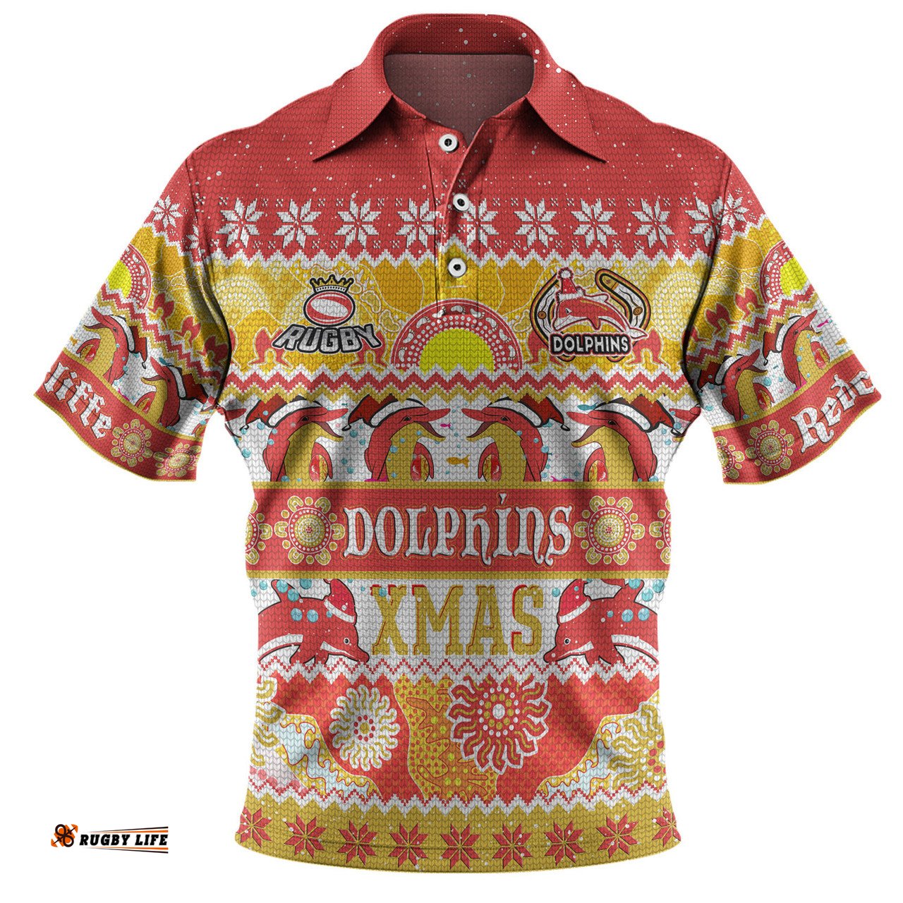Amazing Aussie Redcliffe Dolphins Christmas Aboriginal Custom Indigenous Knitted Ugly Xmas Style Polo Shirt