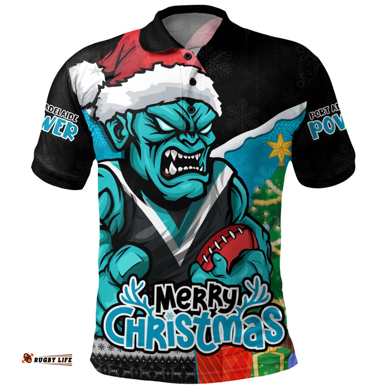 Amazing Aussie Port Adelaide Santa Scoring Touchdown On Christmas Game Day Polo Shirt