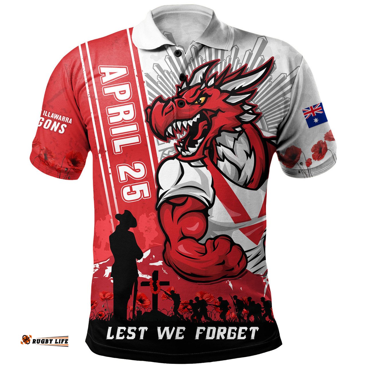 Amazing Aussie St. George Illawarra Dragons Anzac Day Lest We Forget Strong Fighting Spirit Polo Shirt