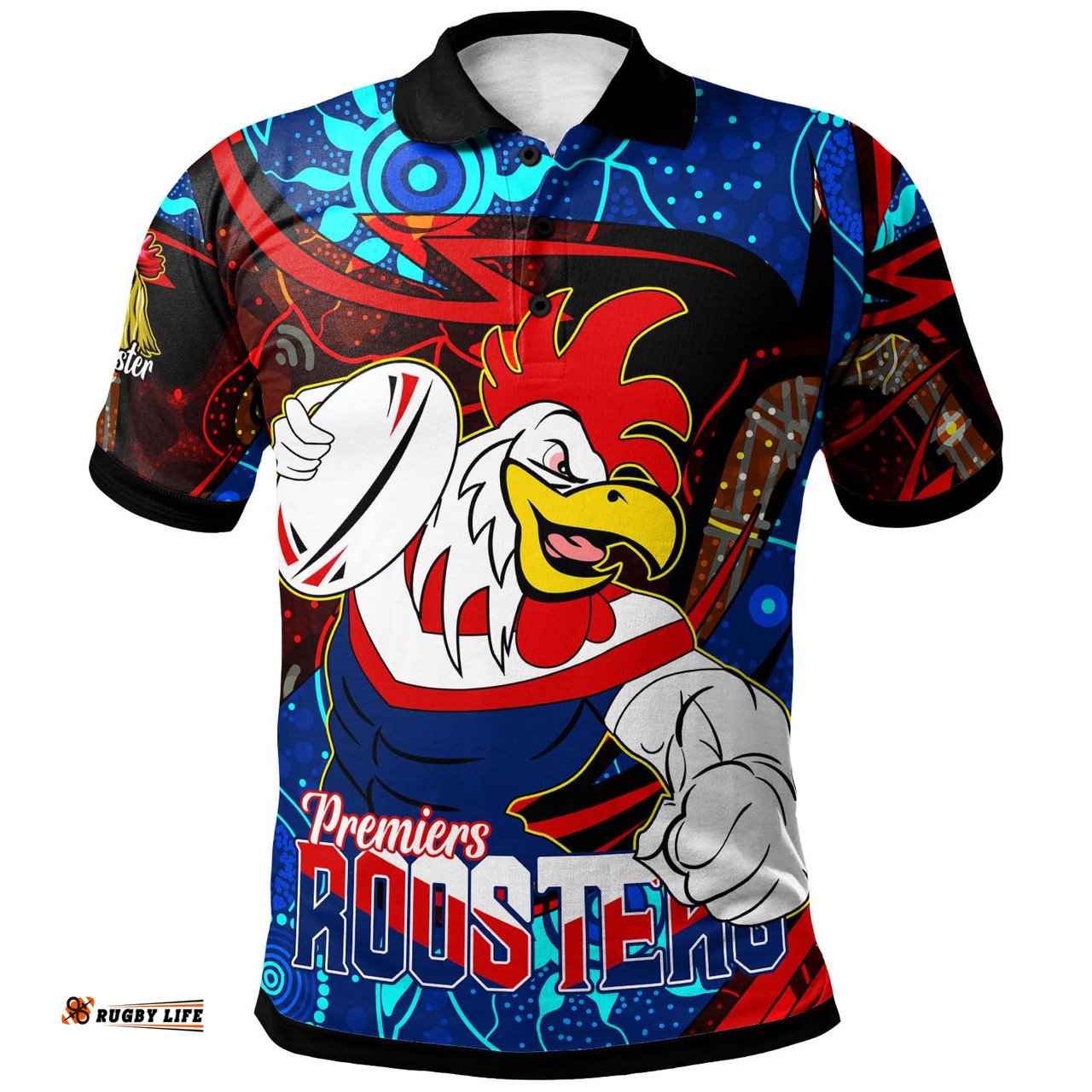 Amazing Aussie Sydney Roosters Custom Sydney Roosters Mascot with Aboriginal Inspired Dot Painting Player And Number Polo Shirt