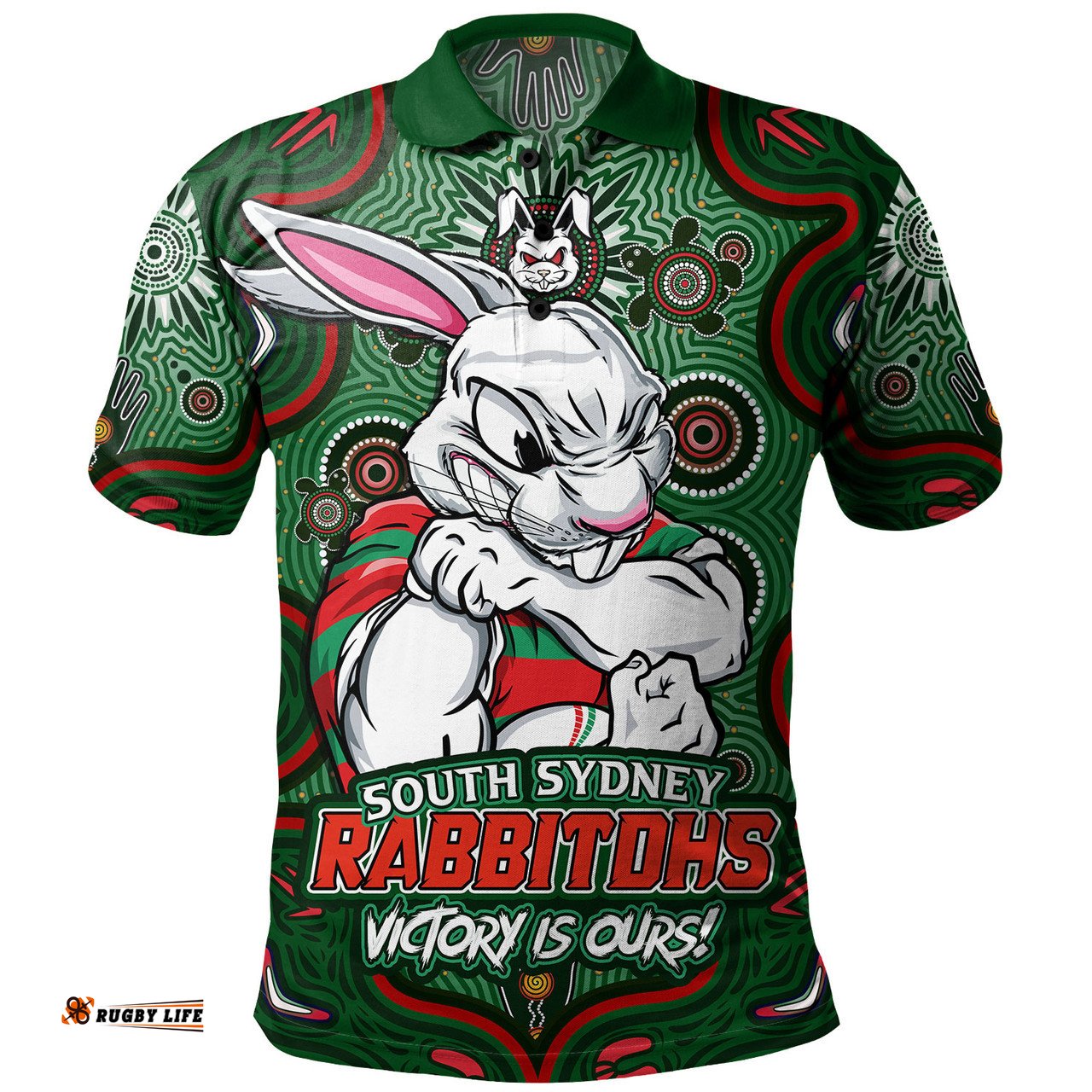 Amazing Aussie South Sydney Rabbitohs Aboriginal Pattern Inspired Victory Is Ours Polo Shirt