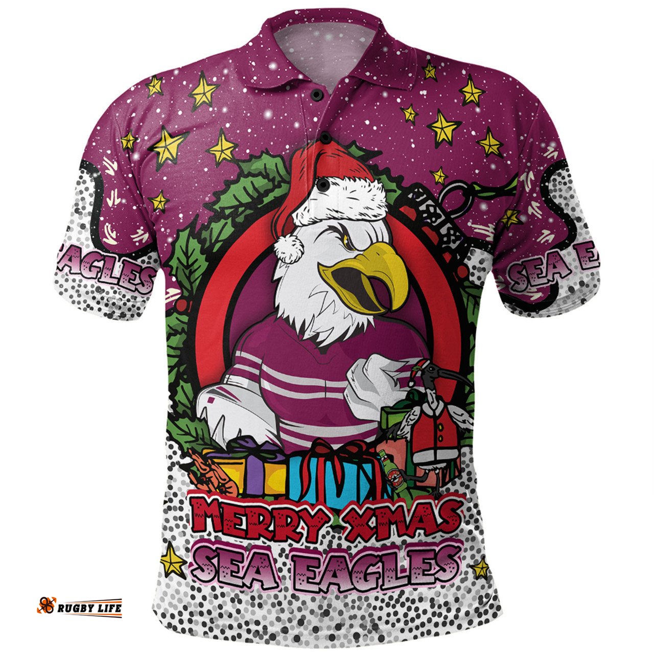 Amazing Aussie Manly Warringah Sea Eagles Christmas Custom Merry Christmas Our Beloved Team With Aboriginal Dot Art Pattern Polo Shirt