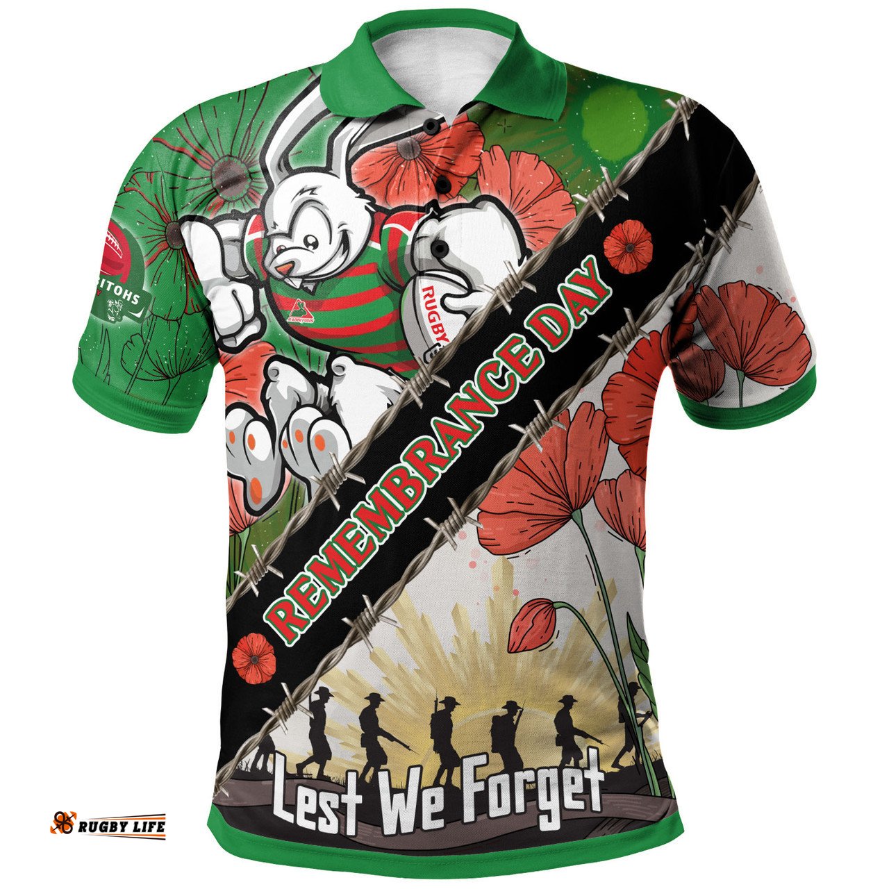 Amazing Aussie South Sydney Rabbitohs Custom Remembrance Day Lest We Forget Polo Shirt