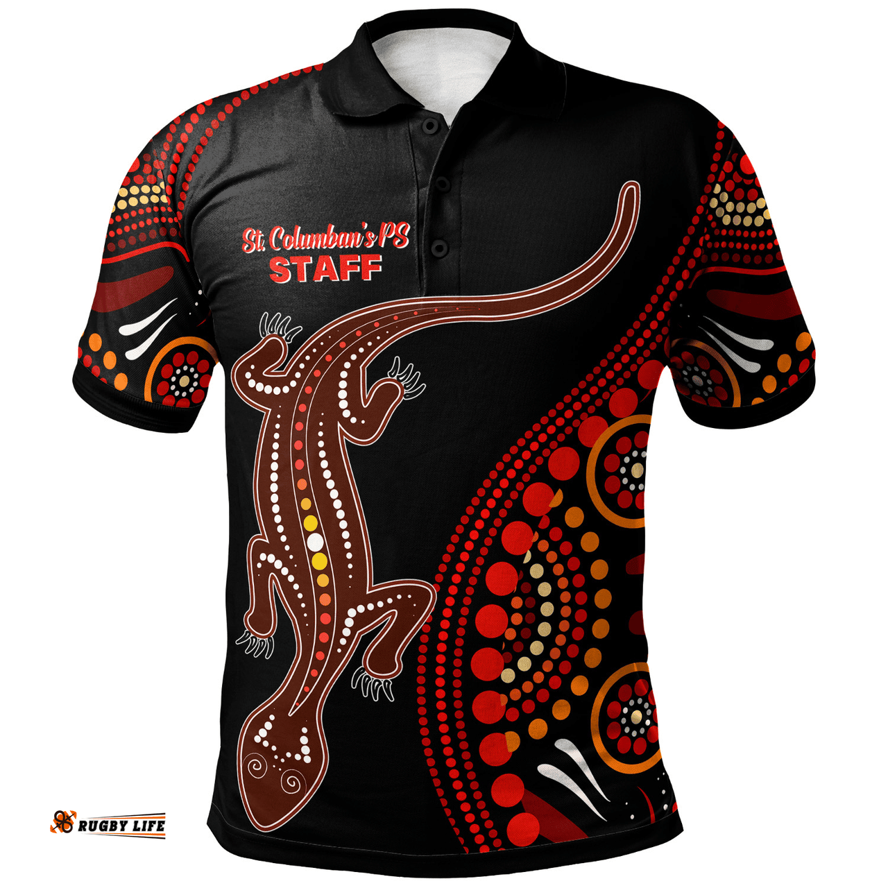 Amazing Aussie St. Columban's PS STAFF Aboriginal Inspired Lizard With Dot Painting Pattern Polo Shirt