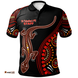 Amazing Aussie St. Columban's PS STAFF Aboriginal Inspired Lizard With Dot Painting Pattern Polo Shirt