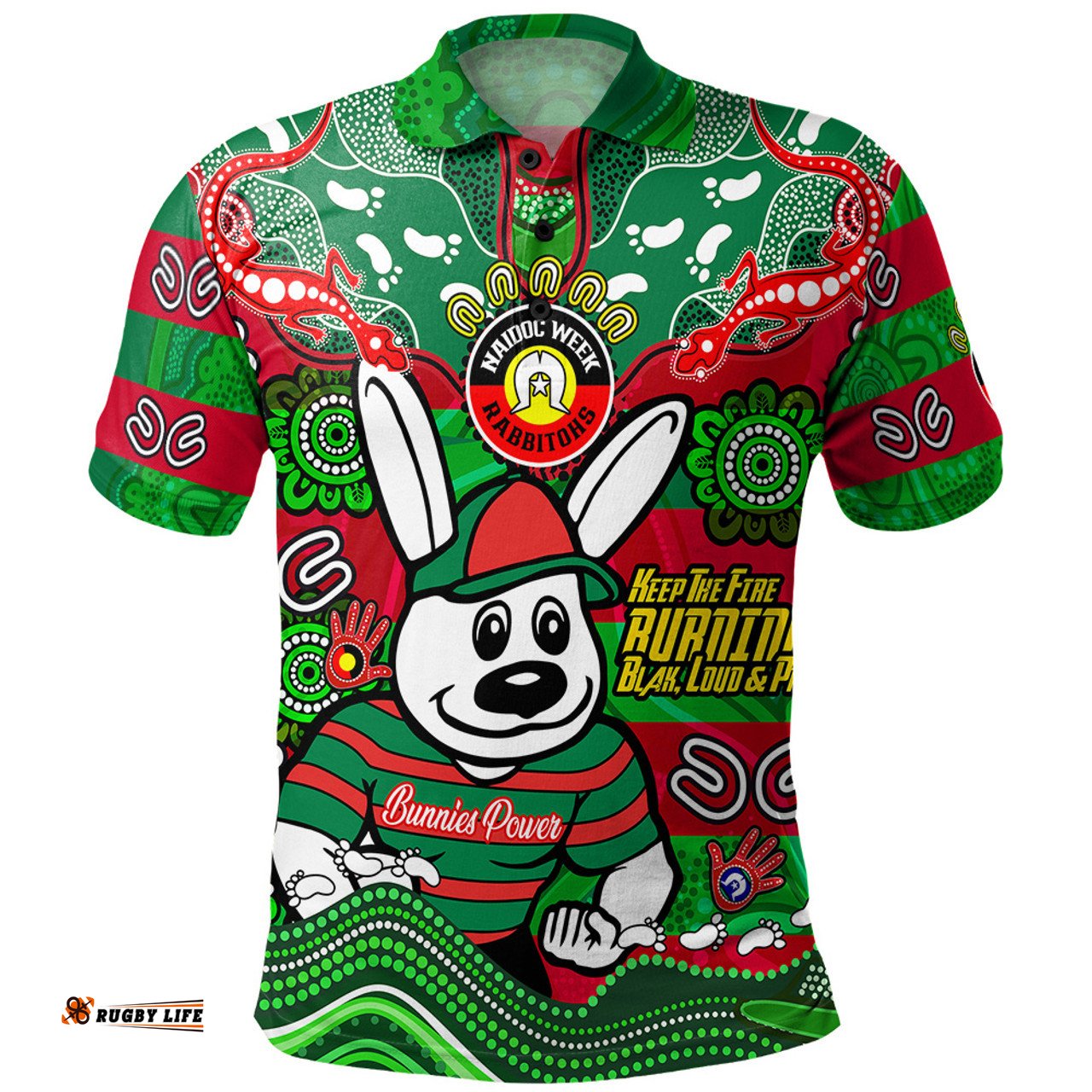 Amazing Aussie South Sydney Rabbitohs Custom Naidoc Keep the Fire Burning! Blak, Loud & Proud Home Jersey Polo Shirt