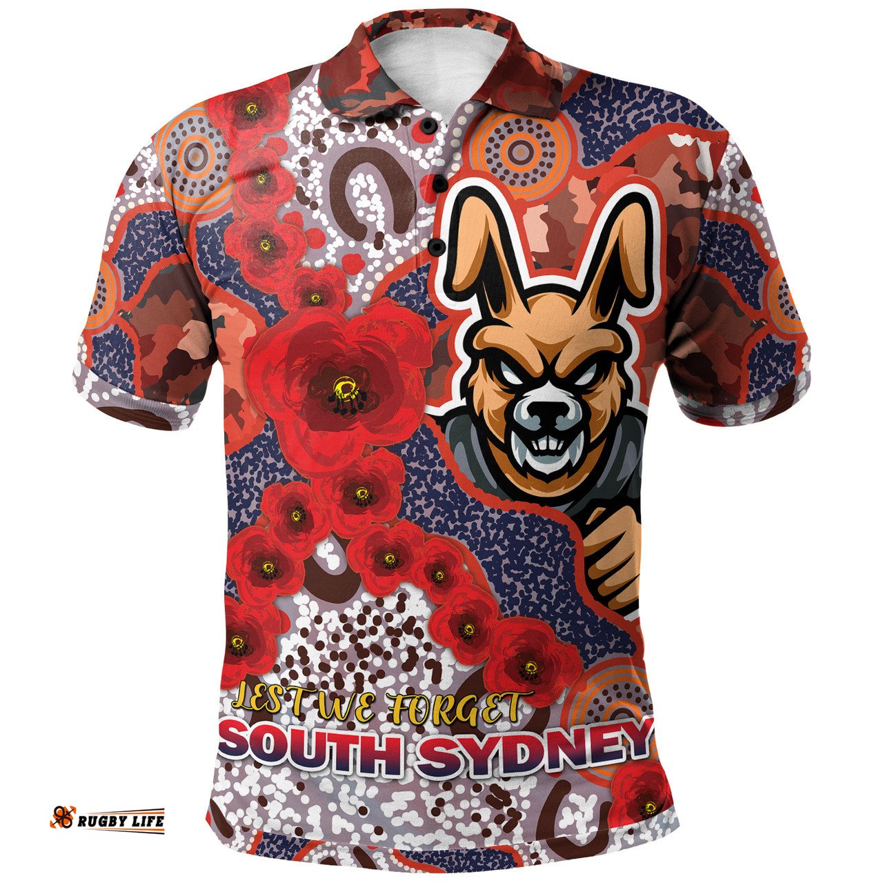 Amazing Aussie South Sydney Rabbitohs Custom Souths with Aboriginal Inspired Poppy Flowers Polo Shirt