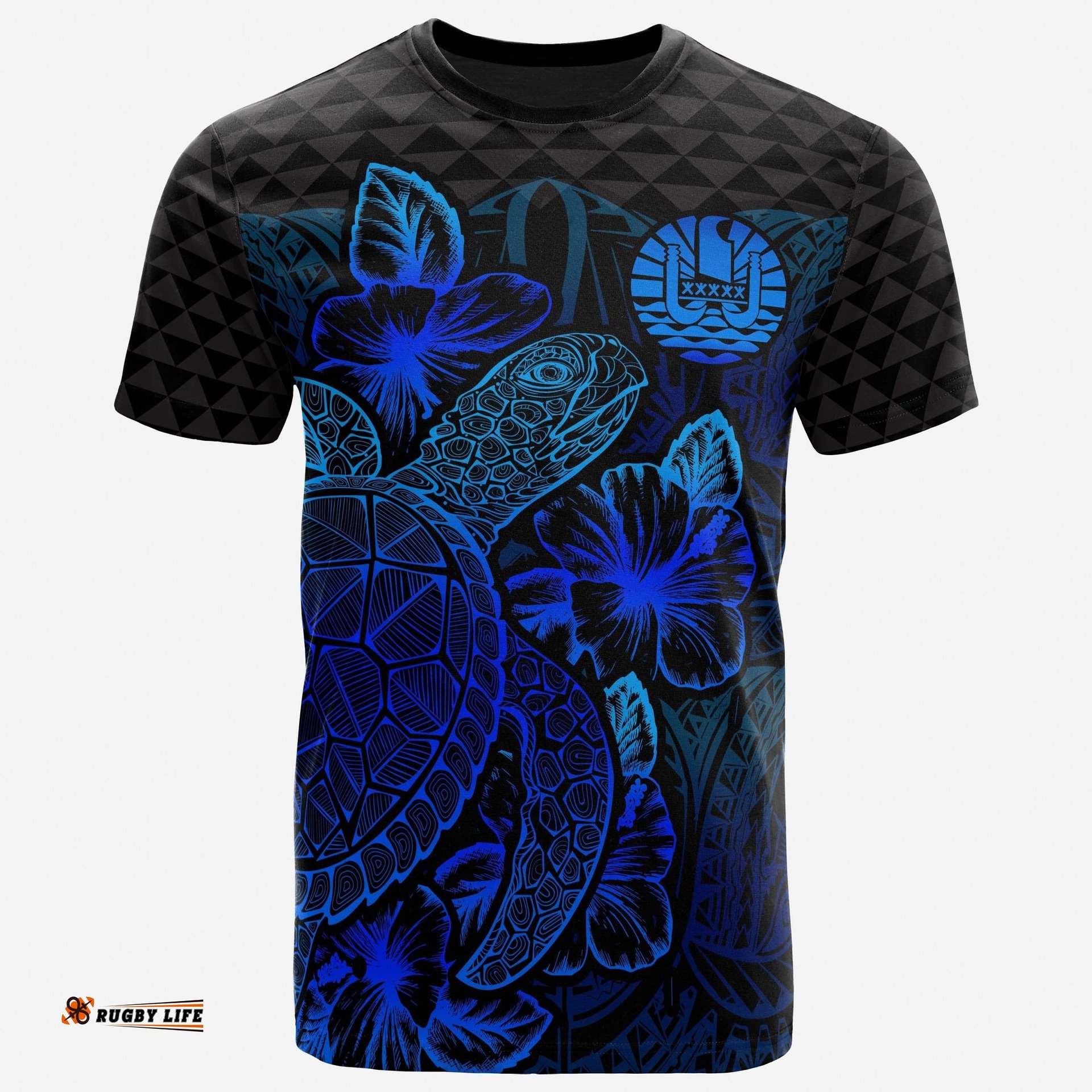 Tahiti Polynesian T-Shirt Turtle Hibiscus Blue