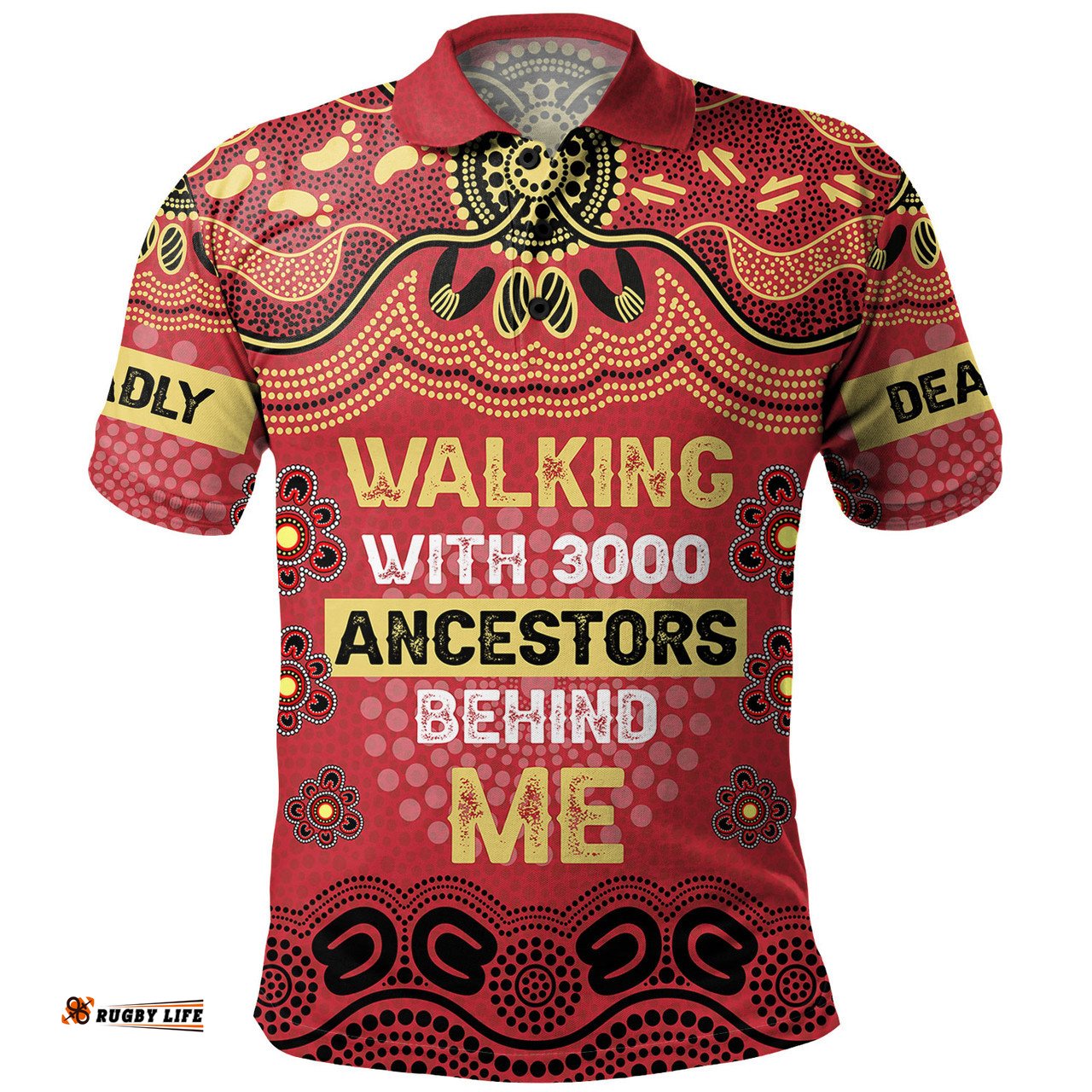 Amazing Aussie Australia Aboriginal Walking with 3000 Ancestors Behind Me Red and Gold Patterns Polo Shirt