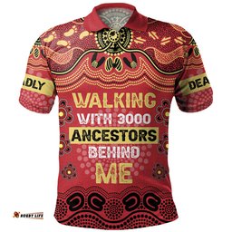 Amazing Aussie Australia Aboriginal Walking with 3000 Ancestors Behind Me Red and Gold Patterns Polo Shirt