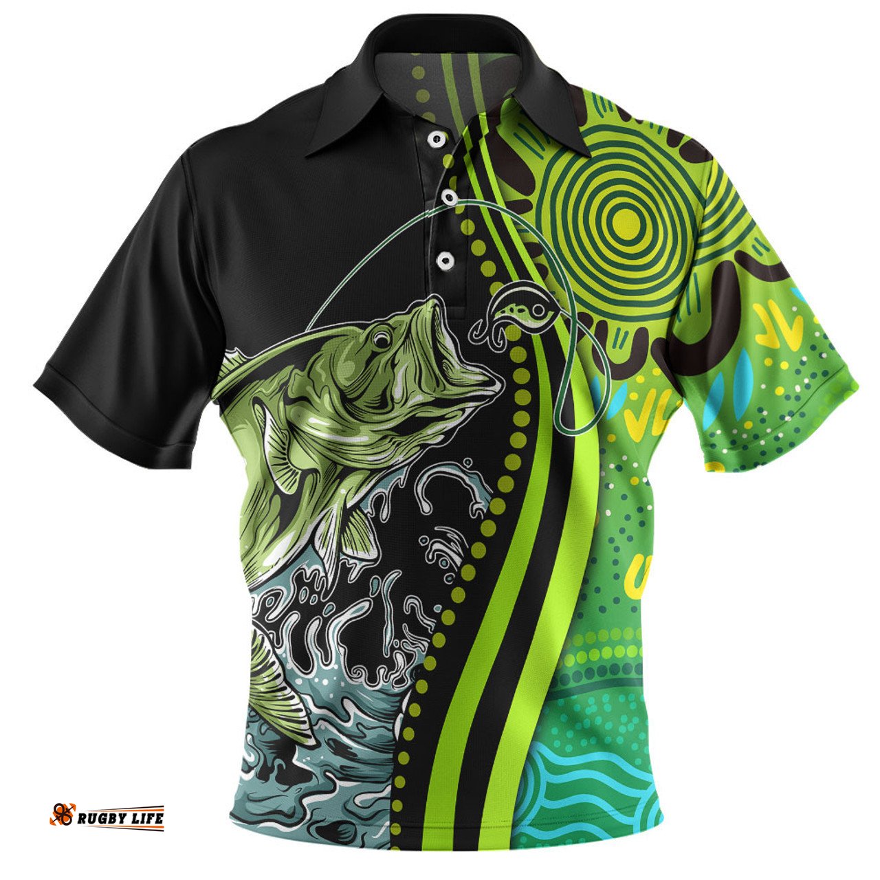 Amazing Aussie Australia Fishing Aboriginal Fishing Custom Rise And Shine A Bass Fish Jumps Out Of Water And Aboriginal Patterns Inspired Polo Shirt