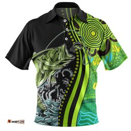 Amazing Aussie Australia Fishing Aboriginal Fishing Custom Rise And Shine A Bass Fish Jumps Out Of Water And Aboriginal Patterns Inspired Polo Shirt