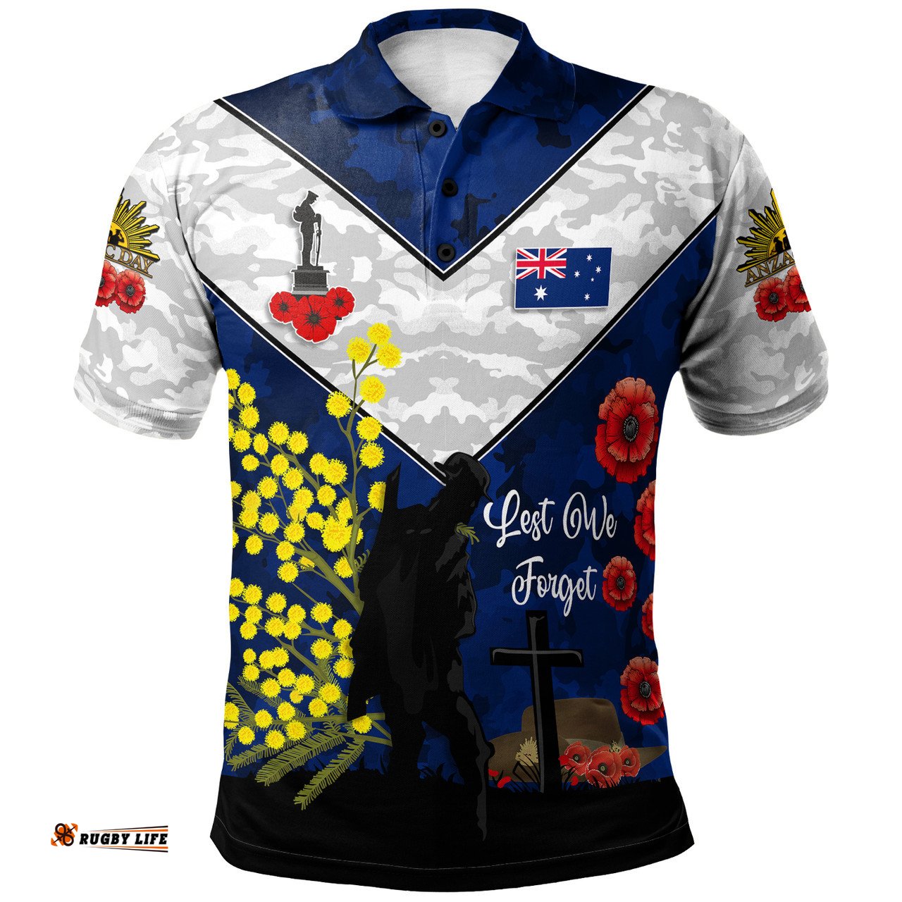 Amazing Aussie Australia Anzac Day Poppies with Golden Wattle Flowers Lest We Forget Polo Shirt