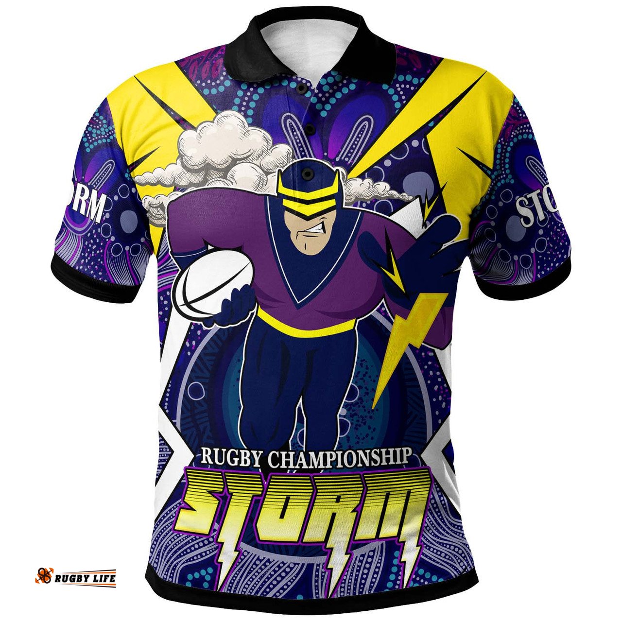 Amazing Aussie Melbourne Storm Custom Championship Melbourne Storm Mascot with Aboriginal Inspired Pattern Player And Number Polo Shirt