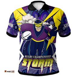 Amazing Aussie Melbourne Storm Custom Championship Melbourne Storm Mascot with Aboriginal Inspired Pattern Player And Number Polo Shirt