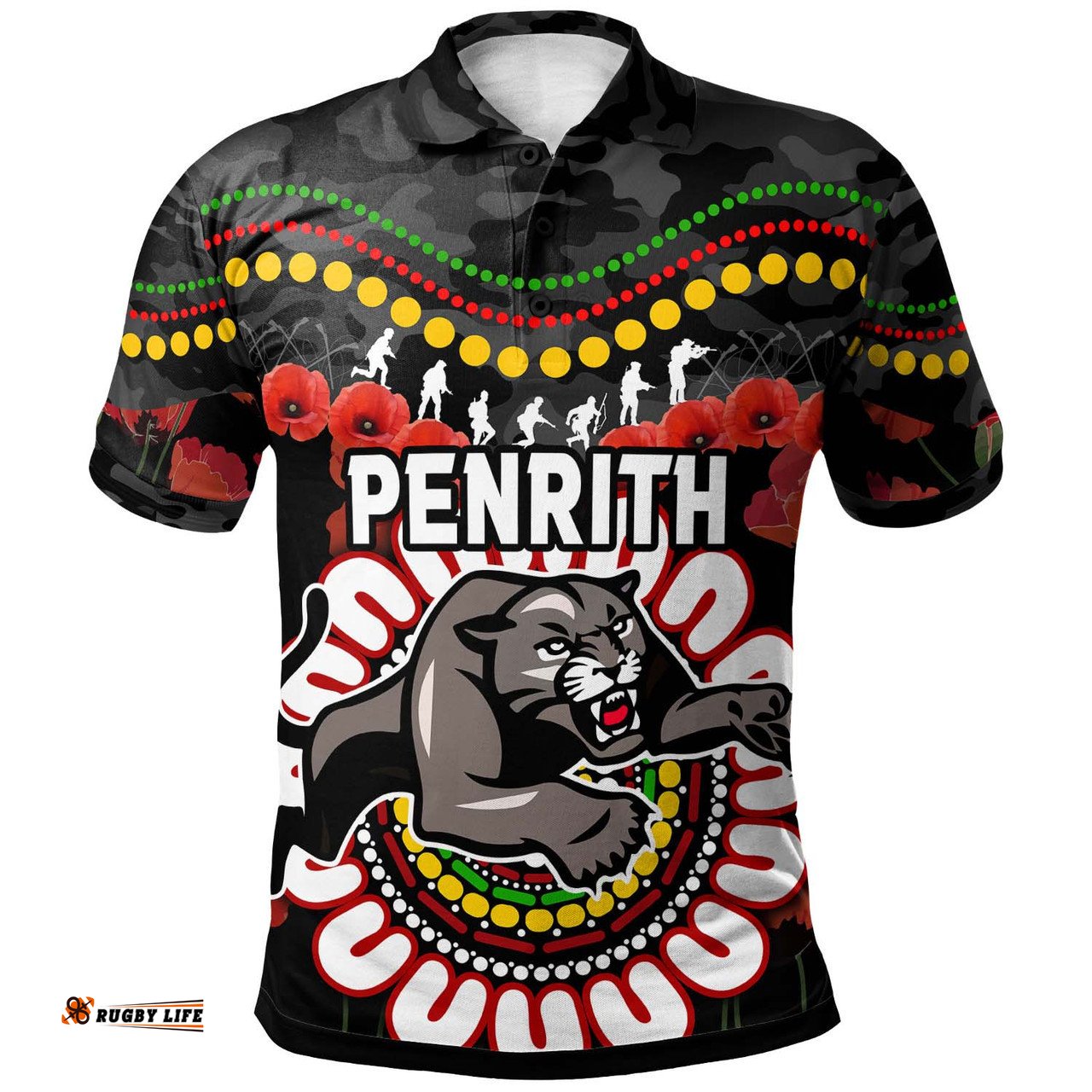Amazing Aussie Penrith Panthers Anzac Custom Poppies Penrith Panthers and Aboriginal Inspired Polo Shirt