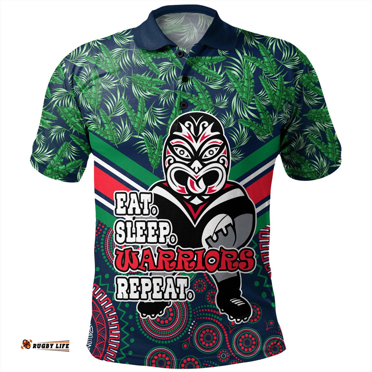 Amazing Aussie New Zealand Warriors Sport Tropical Patterns And Dot Painting Eat Sleep Rugby Repeat Polo Shirt