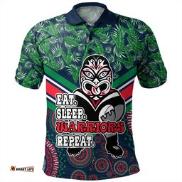 Amazing Aussie New Zealand Warriors Sport Tropical Patterns And Dot Painting Eat Sleep Rugby Repeat Polo Shirt