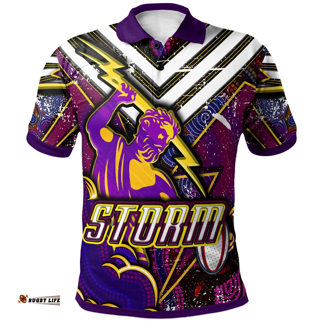 Amazing Aussie Melbourne Storm Custom Melbourne Storm And Thunder Aboriginal Inspired Style Of Dot Background Personalised Player And Number Polo Shirt