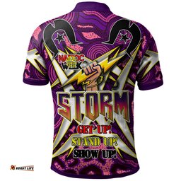 Amazing Aussie Melbourne Storm Custom Naidoc Week Melbourne Storm Hand Thunder With Aboriginal Inspired Pattern ''Get up, Stand Up, Show Up'' Polo Shirt