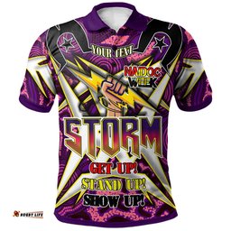 Amazing Aussie Melbourne Storm Custom Naidoc Week Melbourne Storm Hand Thunder With Aboriginal Inspired Pattern ''Get up, Stand Up, Show Up'' Polo Shirt